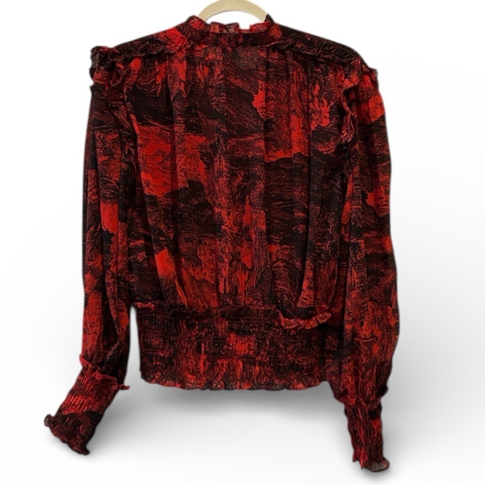 Elan Ruched Red Black Blouse Top Small Pattern Ruffle - Picture 5 of 9